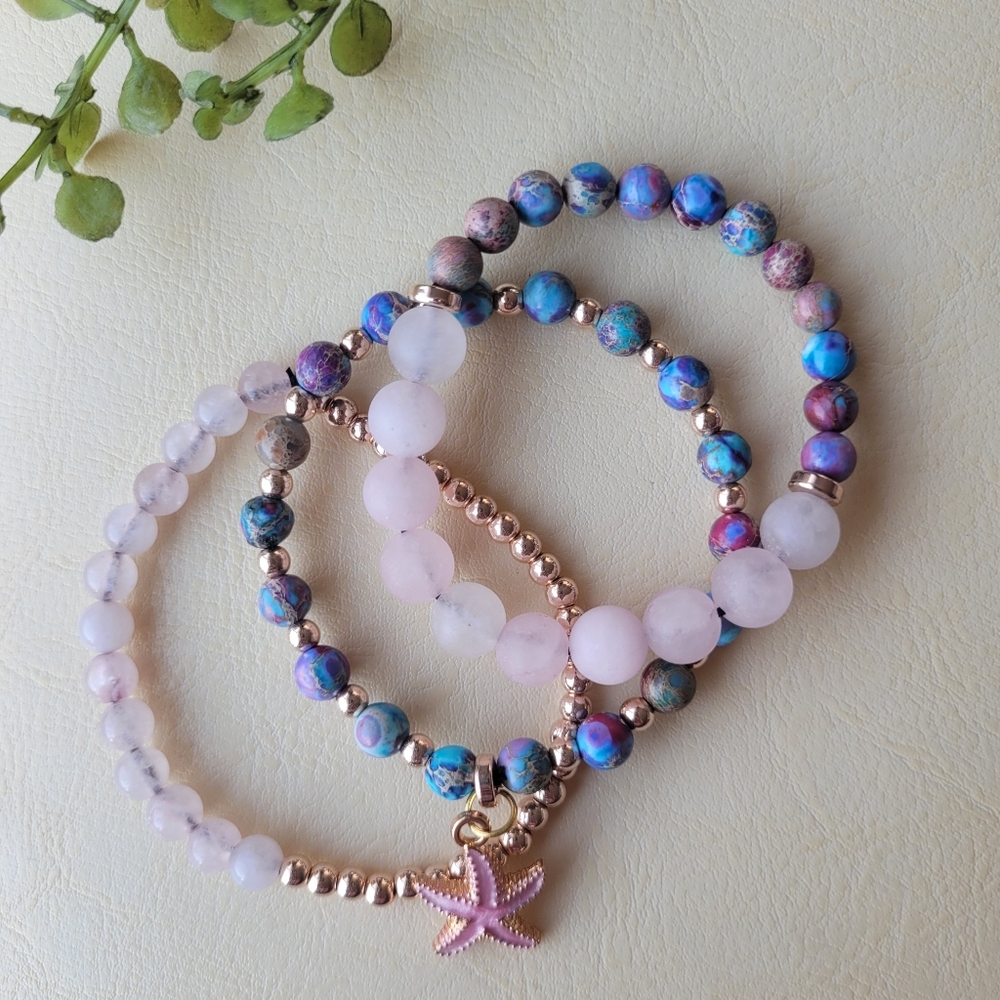 New Handmade Elastic Gemstone Bracelet Set, Rose Gold, Pink, Purple